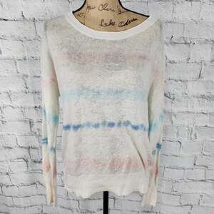 White & Warren magenta stripe Sweater Sz L linen tie dye crewneck top A3C